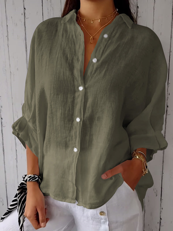 Women's Cotton and Linen Solid Color Casual Shirt