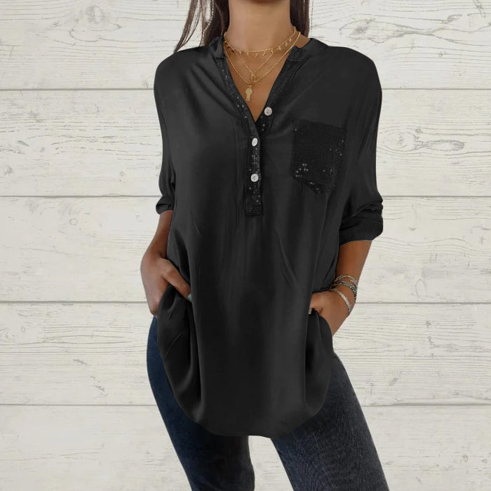 Sequin Patchwork V-neck Shirt