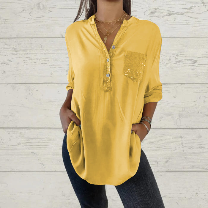 Sequin Patchwork V-neck Shirt