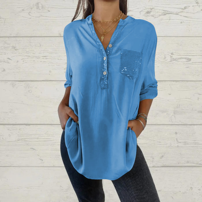 Sequin Patchwork V-neck Shirt