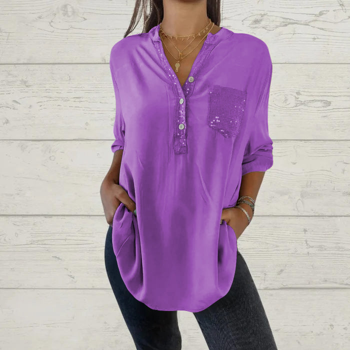 Sequin Patchwork V-neck Shirt