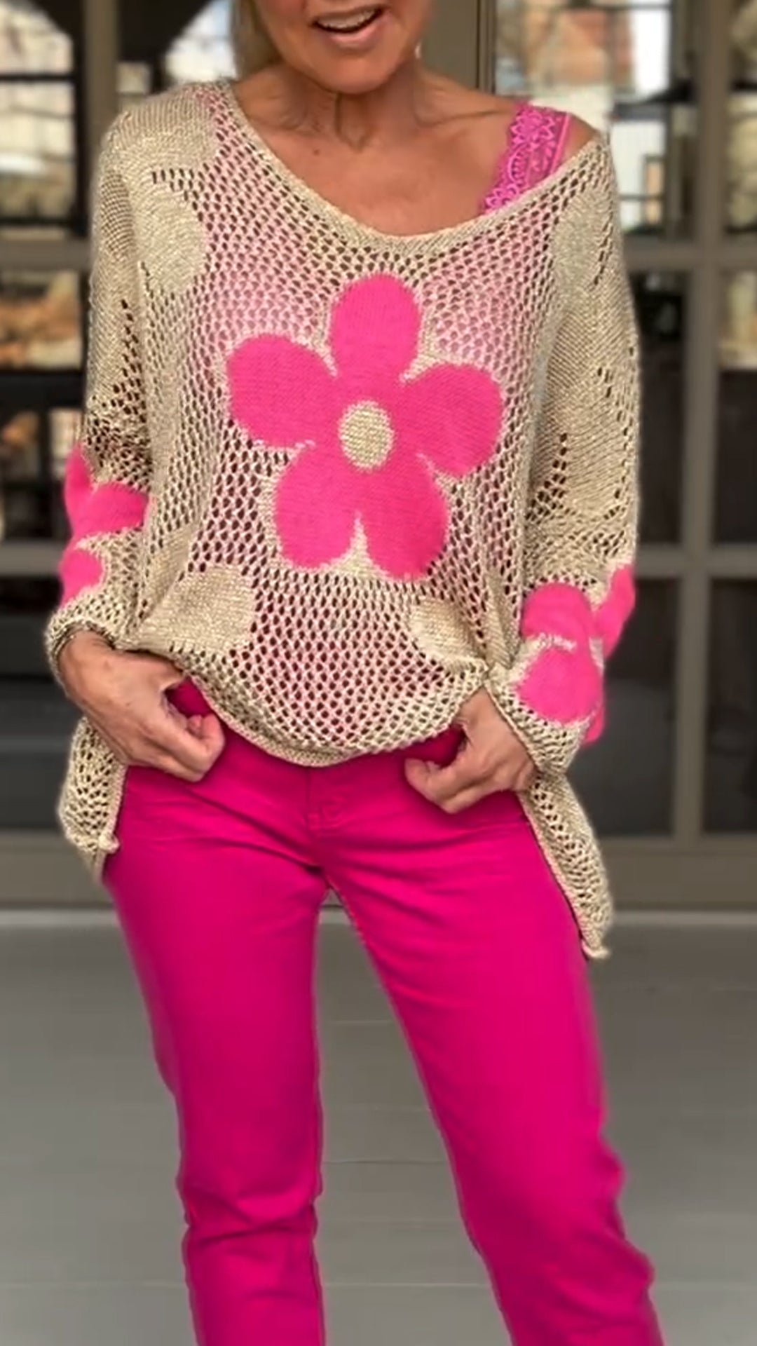 Floral Knitted Cutout V-neck Shirt/Suit