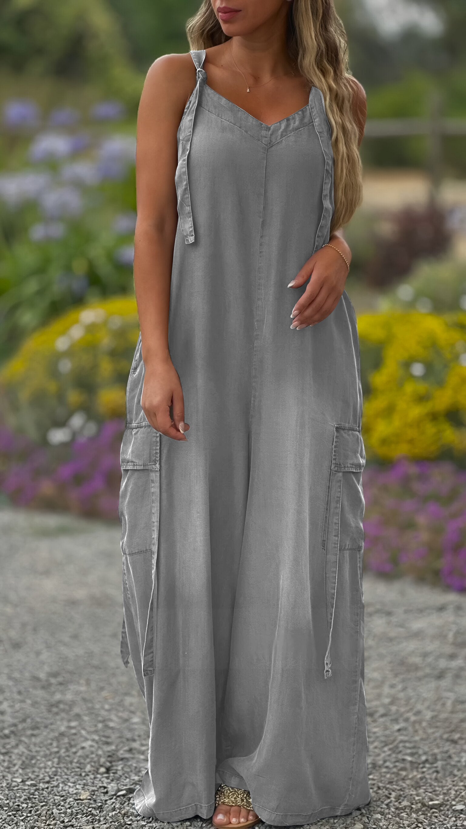 Pocket Casual V-neck Overalls Jumpsuit