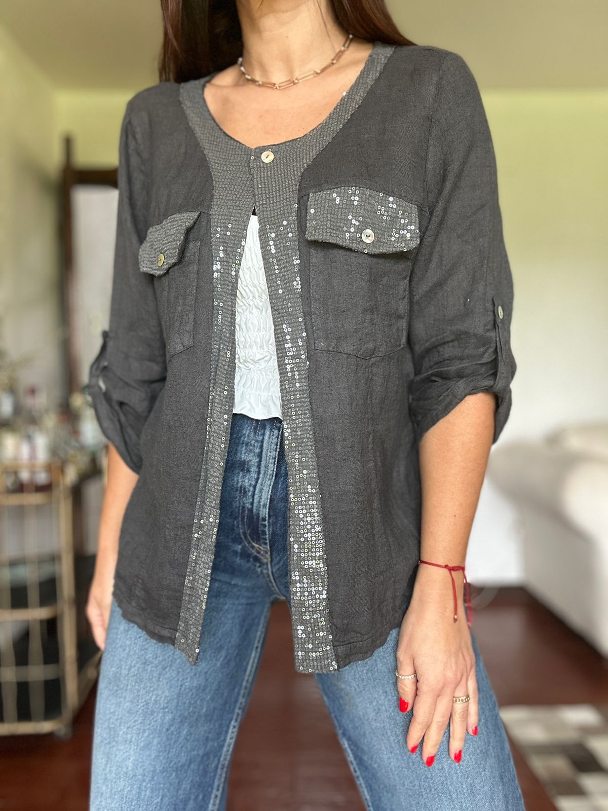 Sequined Cotton and Linen Top