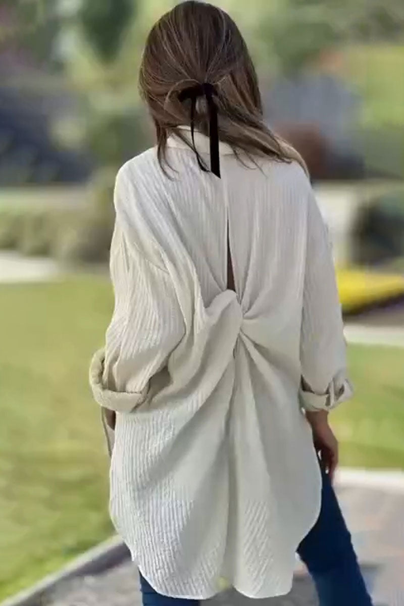 Women's casual loose textured fabric back knot long sleeve shirt