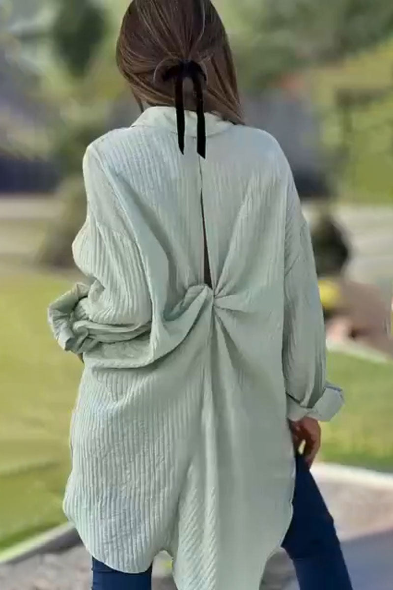 Women's casual loose textured fabric back knot long sleeve shirt