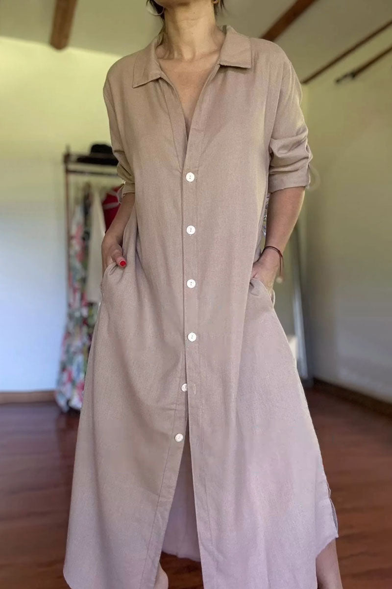 Women's Casual Cotton and Linen Pocket Shirt Dress