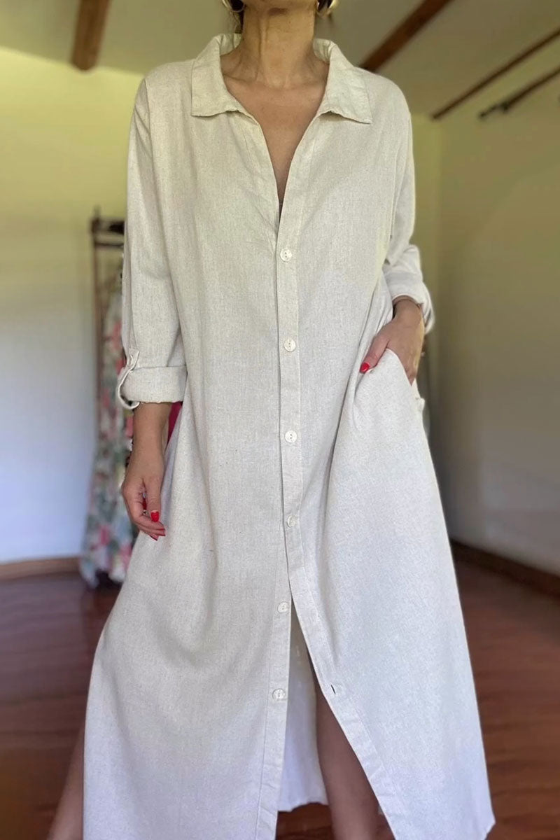 Women's Casual Cotton and Linen Pocket Shirt Dress