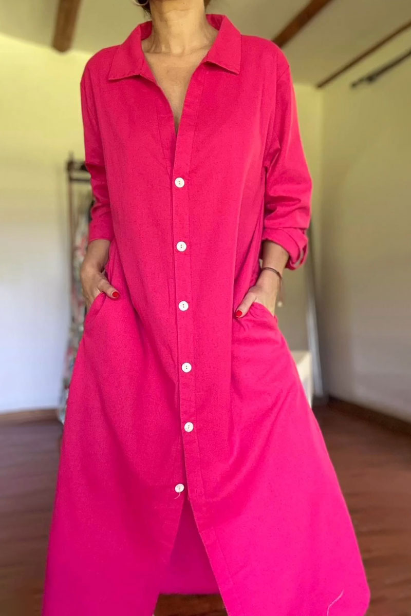 Women's Casual Cotton and Linen Pocket Shirt Dress