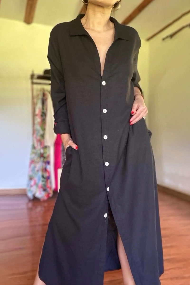 Women's Casual Cotton and Linen Pocket Shirt Dress