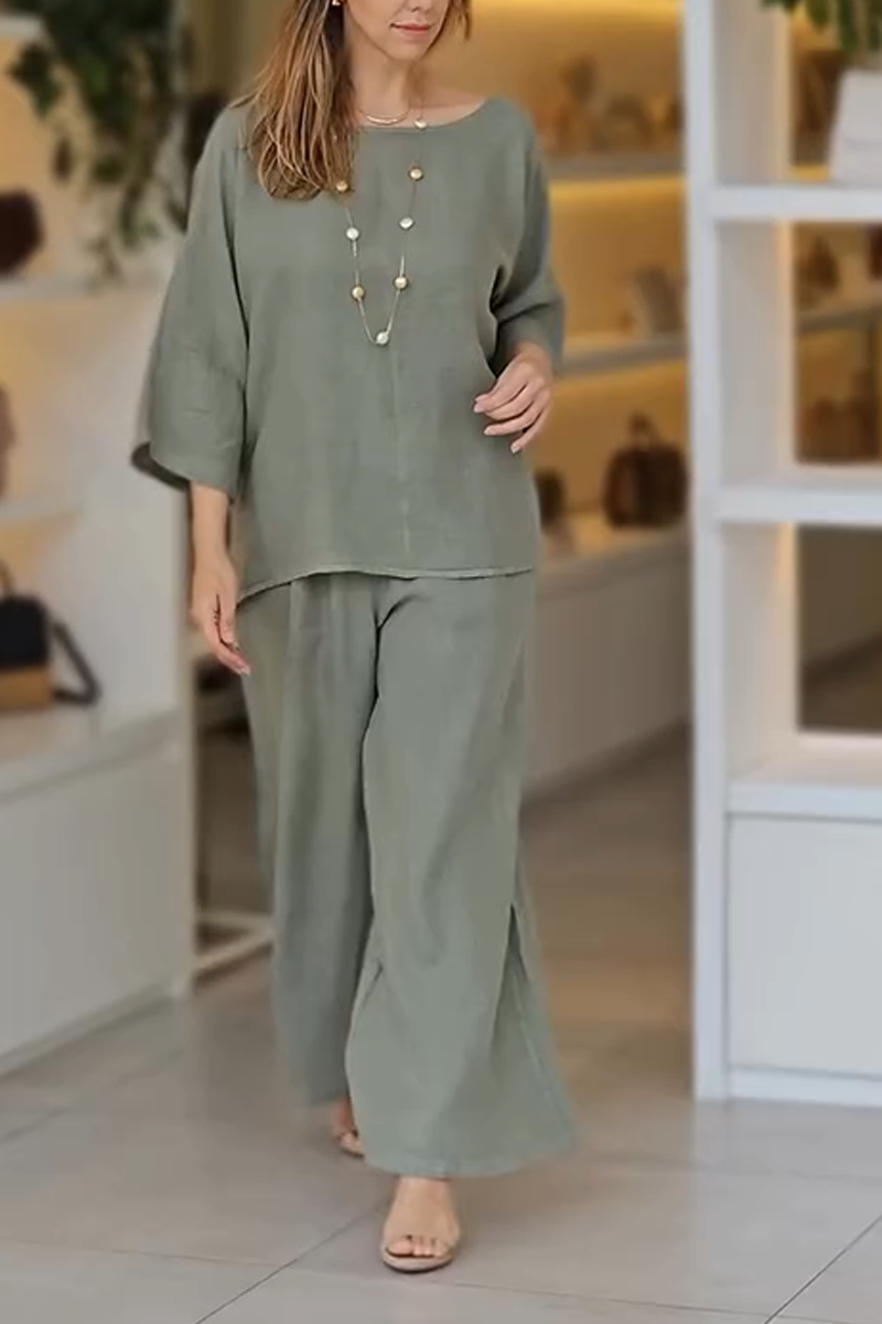 Women's Casual Solid Color Round Neck Top And Wide Leg Pants Suit