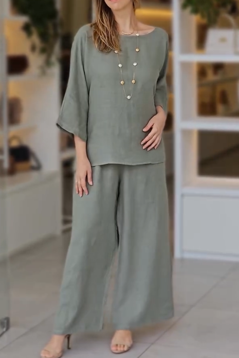 Women's Casual Solid Color Round Neck Top And Wide Leg Pants Suit