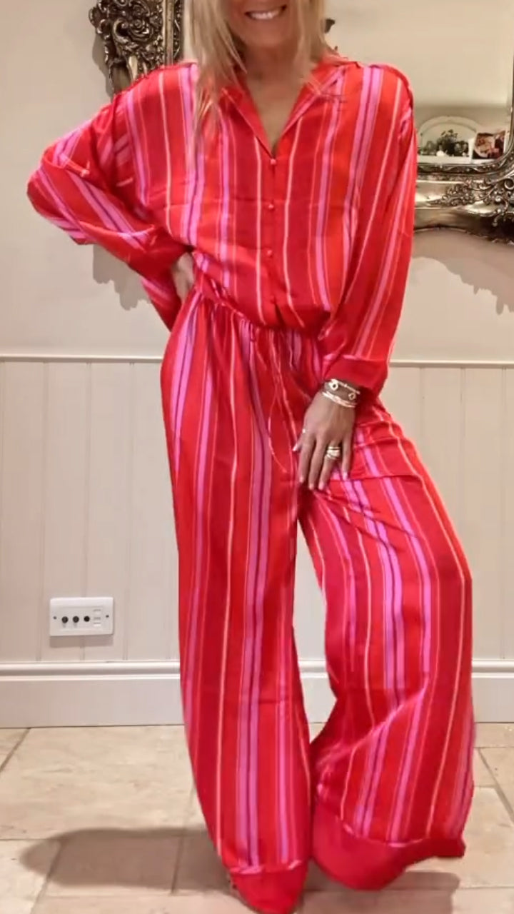 Women's Lapel Striped Comfortable Satin Suit