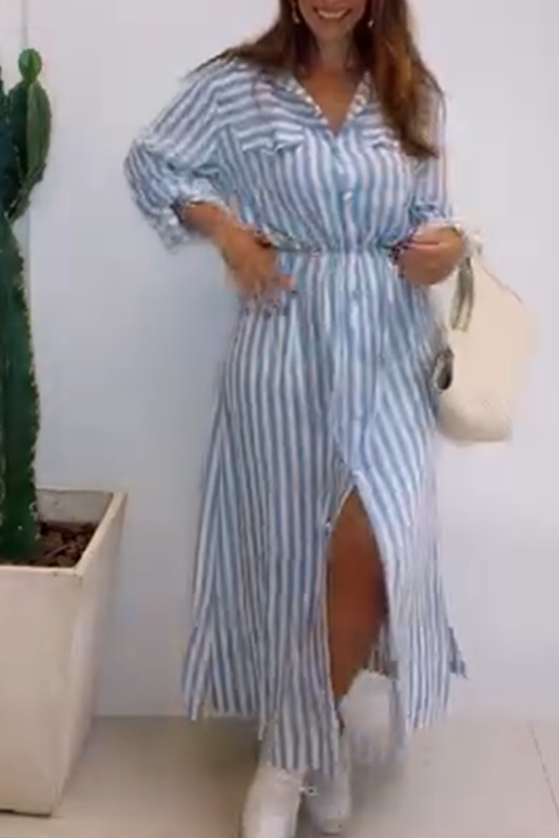 Women's  Elegant Lapel Contrast Striped Shirt Dress