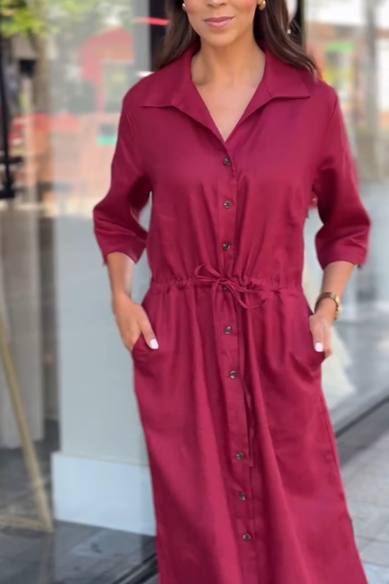 Women's  Casual Lapel Front Button Waisted Shirt Dress