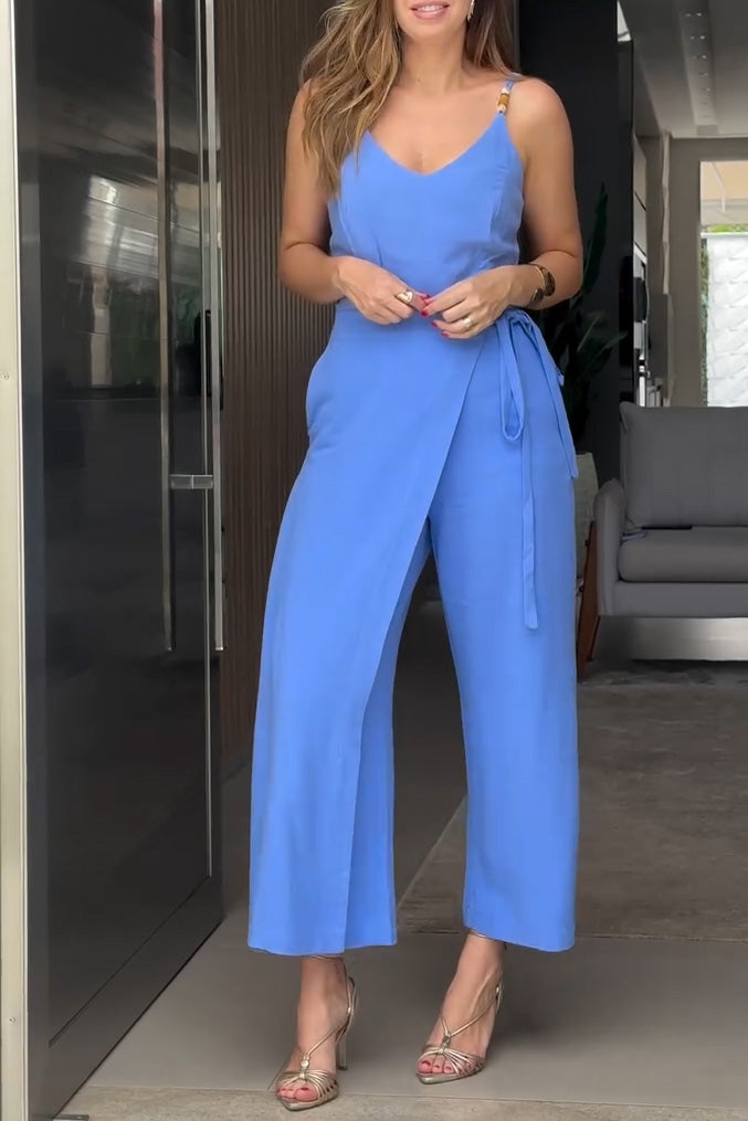 Women's Casual Solid Color Suspenders V-neck Fake Two-piece Straight-leg Jumpsuit