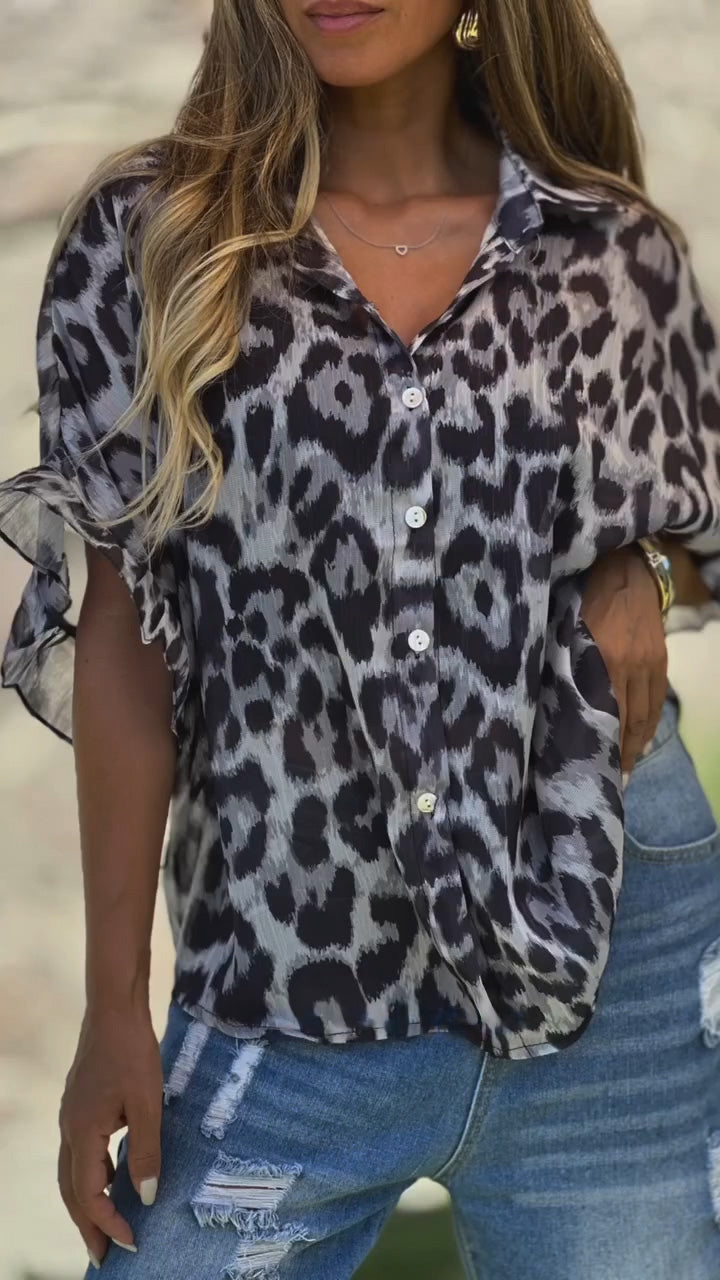 Women's Casual V-neck Leopard Print Half-sleeved Shirt