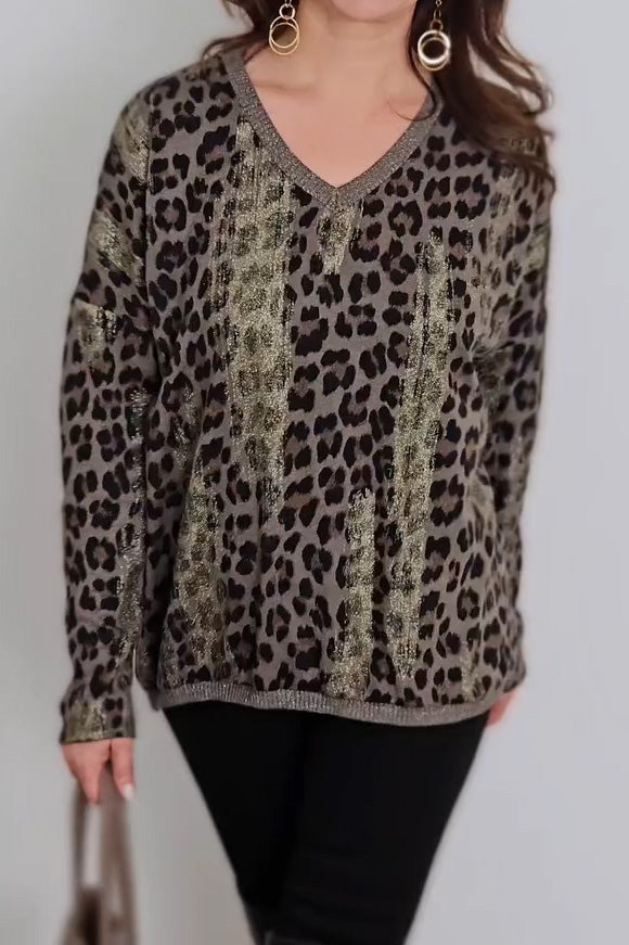 Women's Casual V-neck Leopard Print Foil Stamped Knitted Top