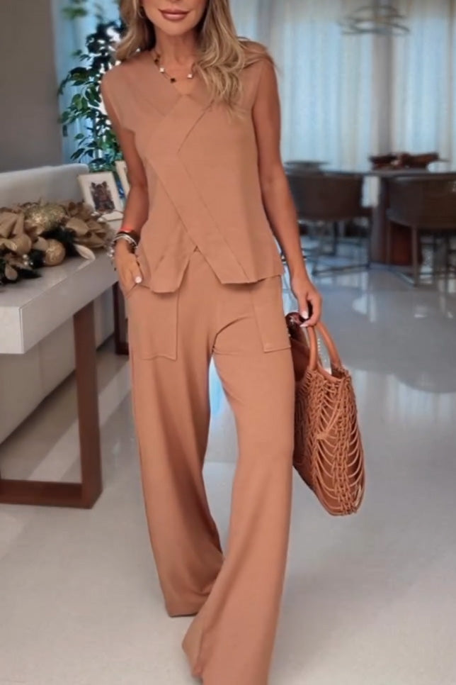 Women's Casual V-neck Crossover Sleeveless Top and Loose Straight-leg Pants Two-piece Set