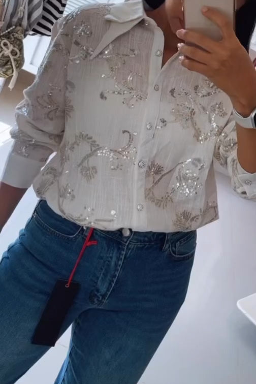 Women's Casual Solid Color Sequins Embroidered Transparent Shirt