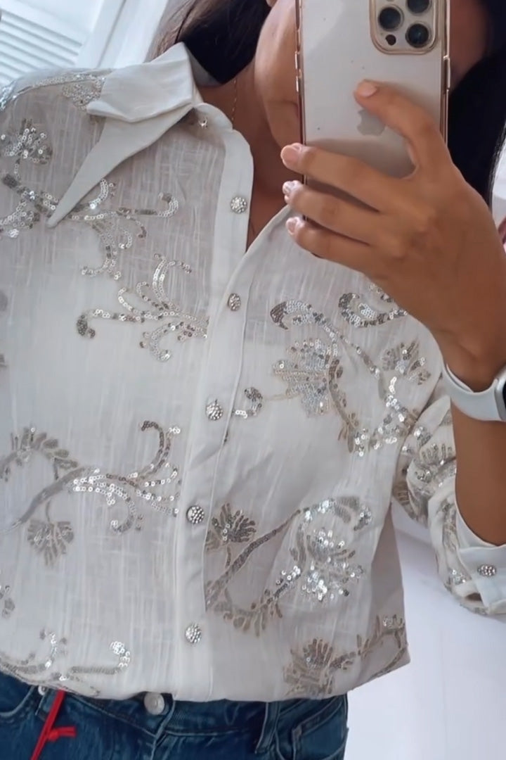 Women's Casual Solid Color Sequins Embroidered Transparent Shirt