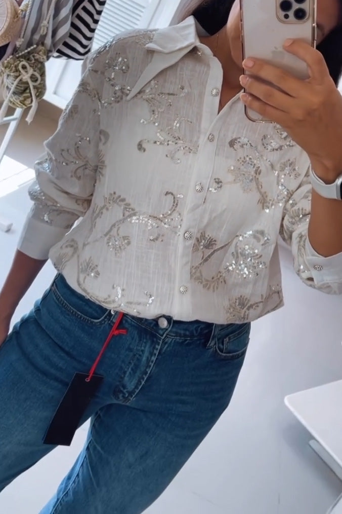 Women's Casual Solid Color Sequins Embroidered Transparent Shirt