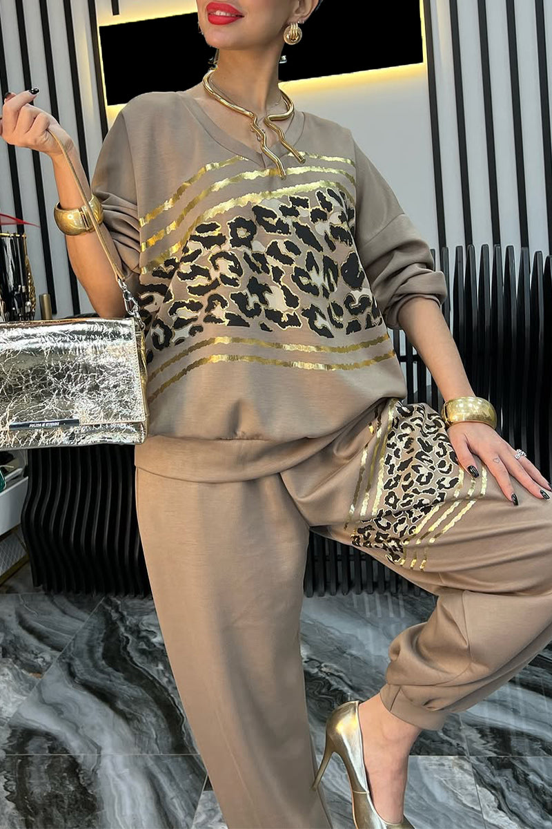 Women's V-neck Leopard Print + Trousers Casual Suit