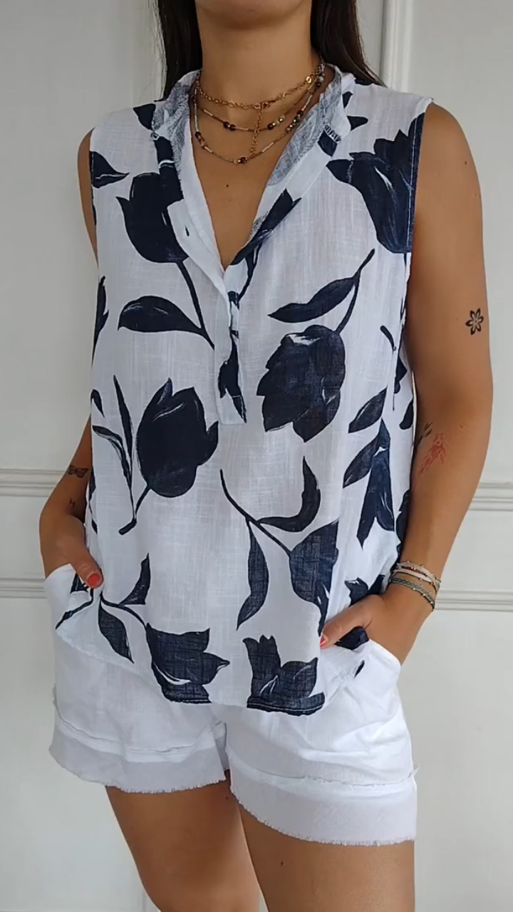 Women's V-neck Sleeveless Printed Casual Cotton and Linen Top