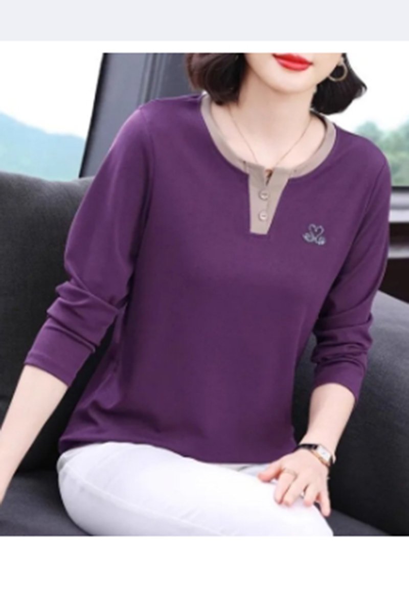 Women's Casual Contrast Color V-Neck Rhinestone Long Sleeve Top