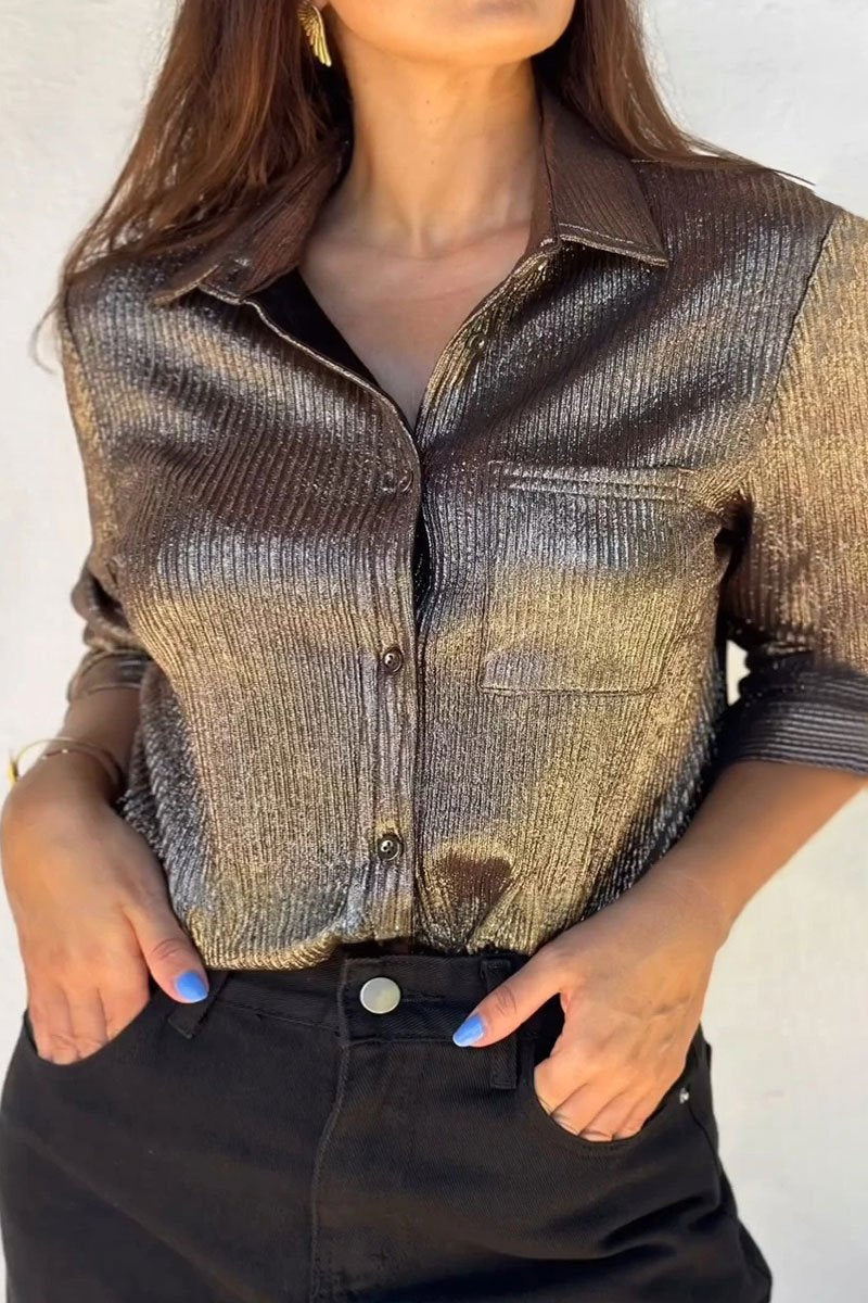 Women's casual metallic coated textured fabric long-sleeved shirt