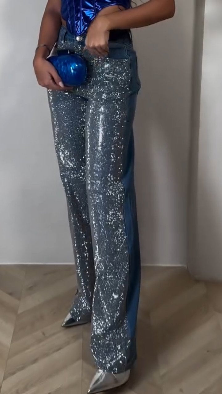 Women's Single-sided Rhinestone Straight Jeans