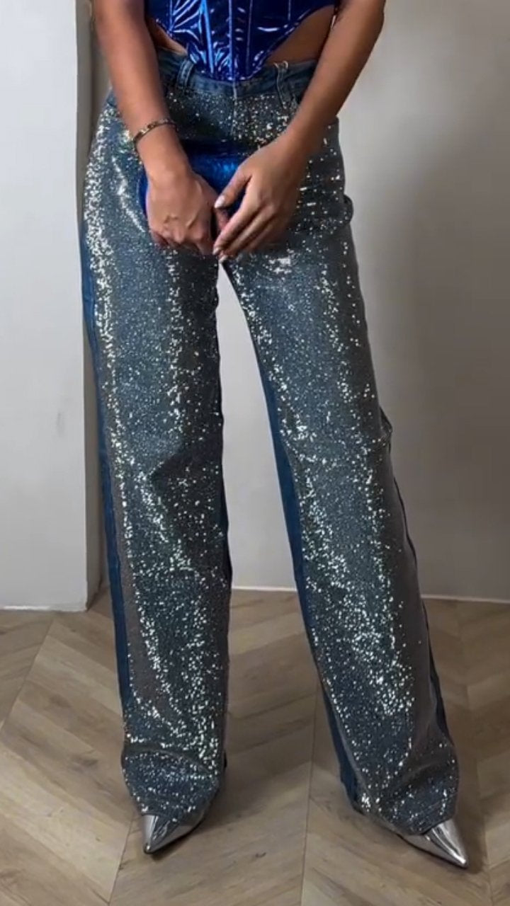 Women's Single-sided Rhinestone Straight Jeans