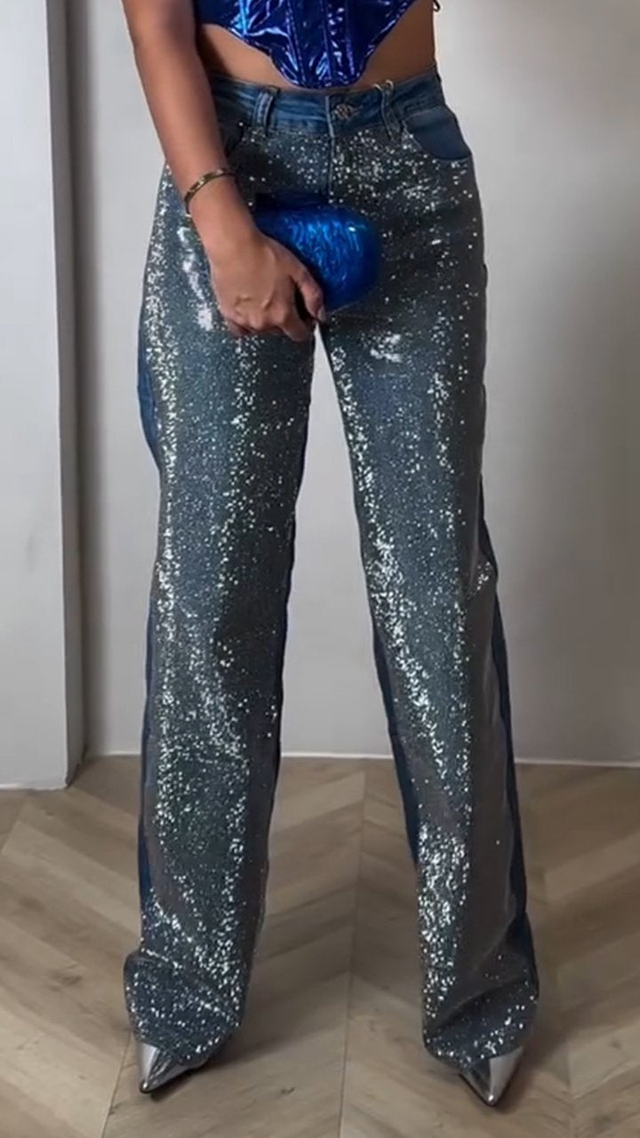 Women's Single-sided Rhinestone Straight Jeans