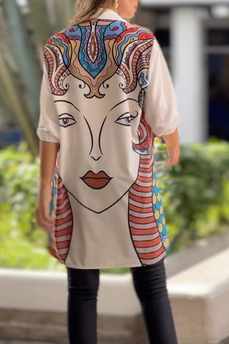 Women's Casual Lapel Single-breasted Character Printed Long Shirt