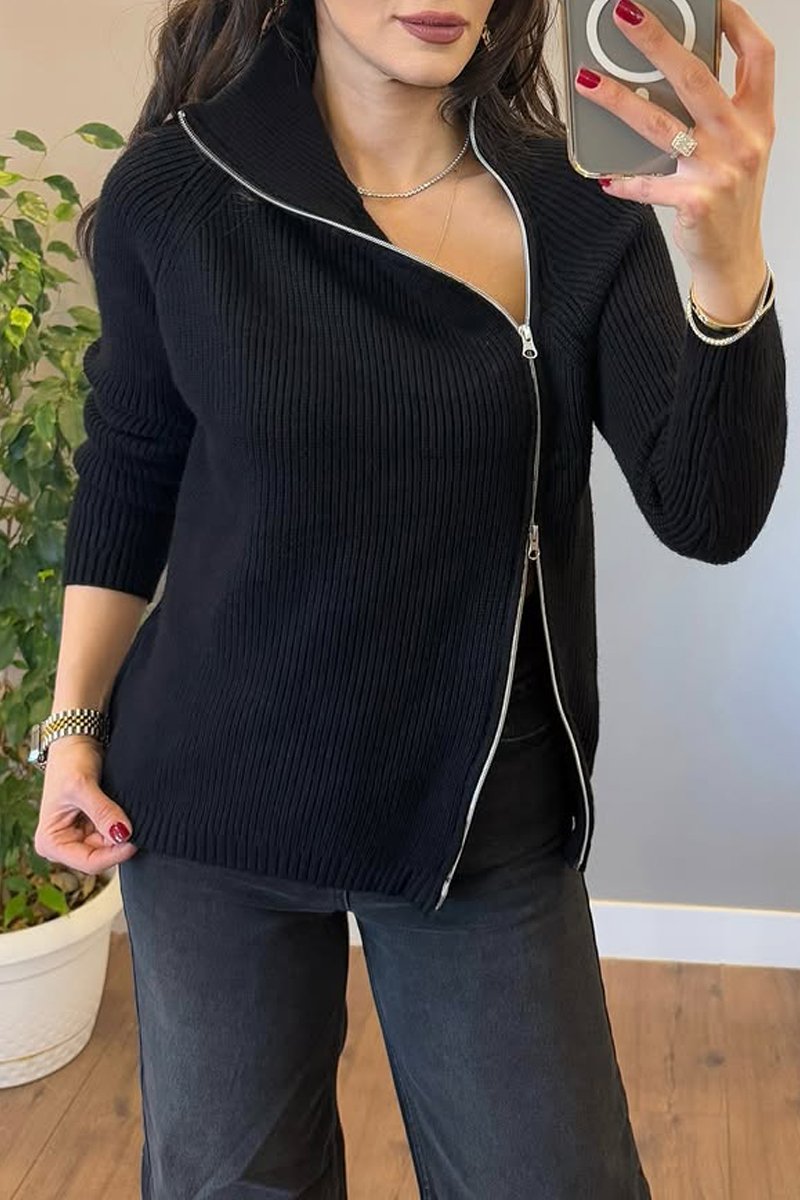 Women's Fashion Zipper Decorated Lapel Sweater