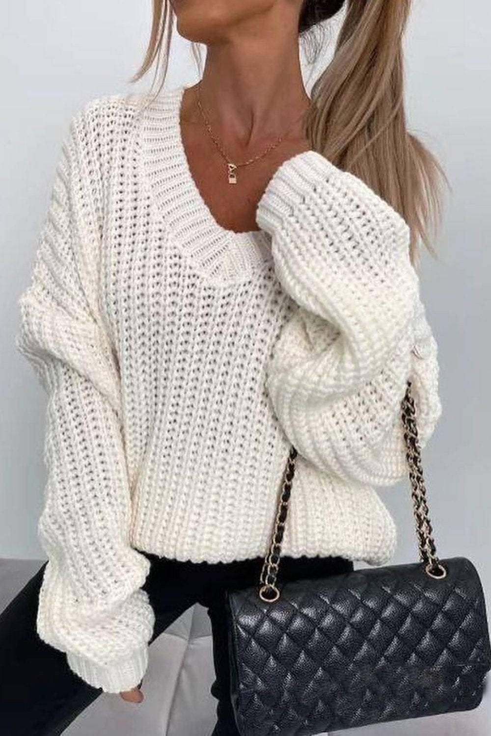 Women's Solid Color V-neck Top Sweater