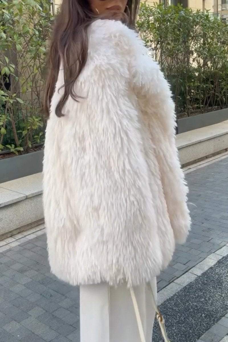 Women's Fashion Lapel Solid Color Faux Fur Winter Coat