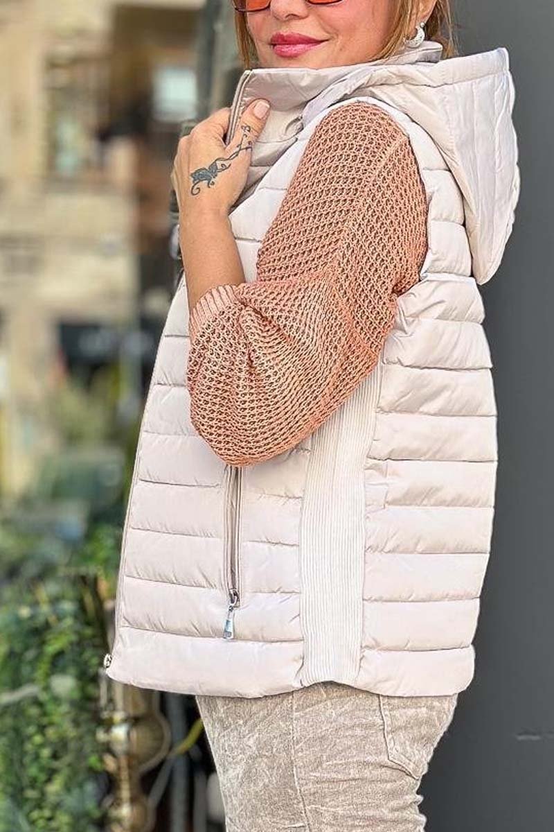 Women's casual patchwork knitted hooded sleeveless jacket