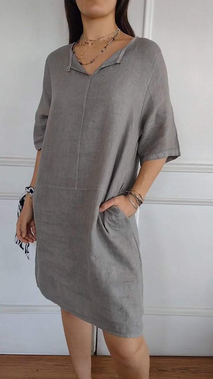 Women's V-neck Sleeve Cotton and Linen Casual Dress