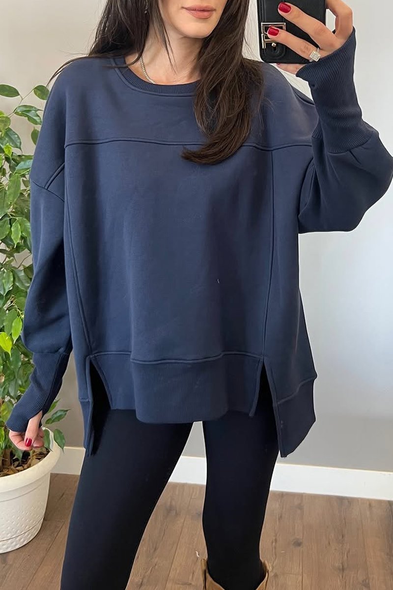 Women's casual round neck with slit hem sweatshirt