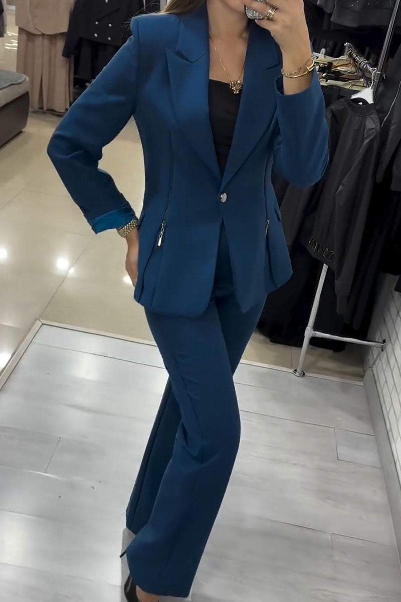 Women's Casual Solid Color Zipper Blazer Two-piece Set