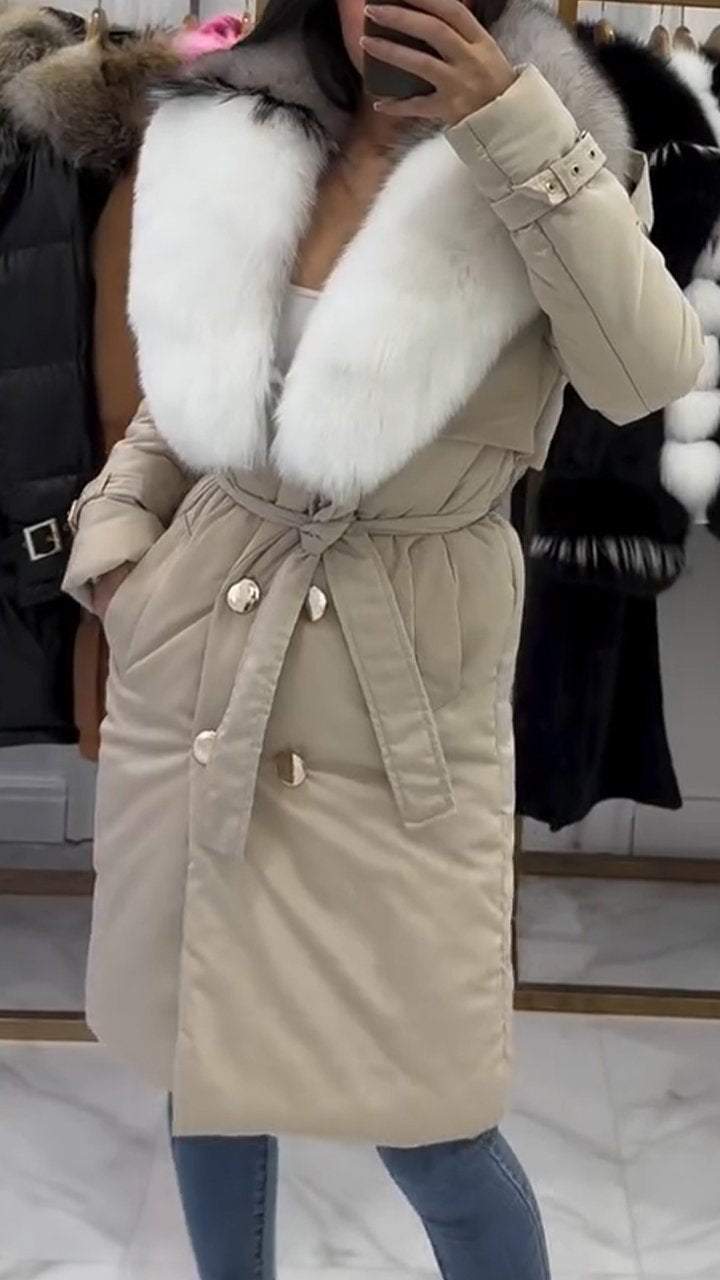 Women's Fur Buttoned Long Coat with Large Lapel