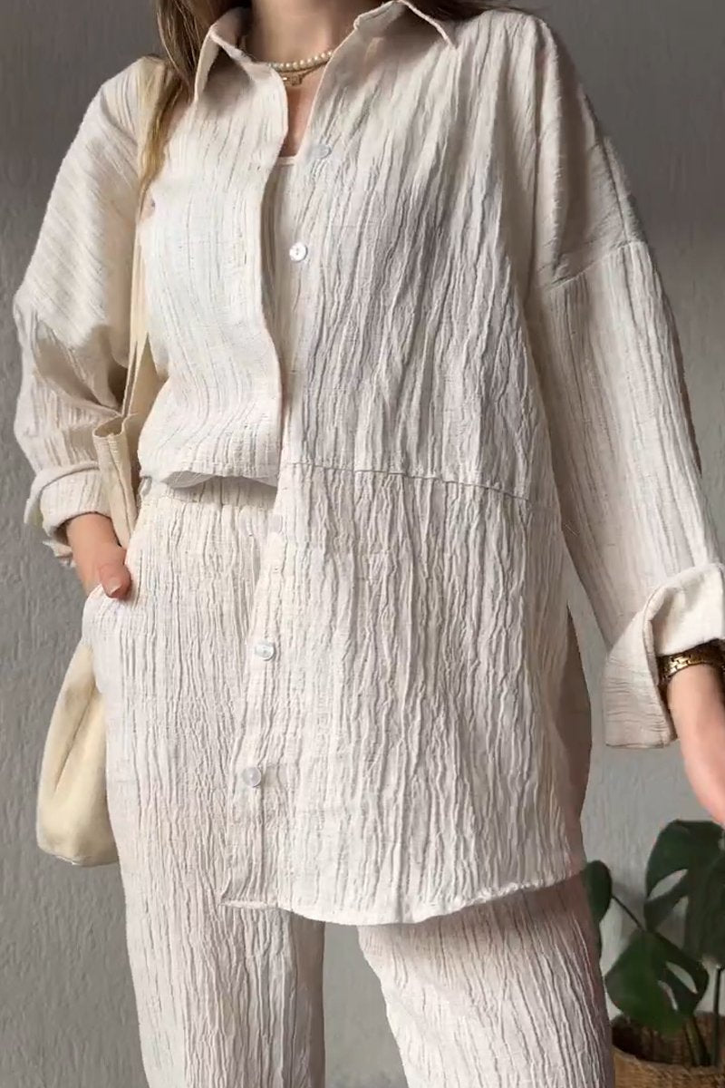 Women's casual cotton and linen pleated textured fabric shirt and pants two-piece set