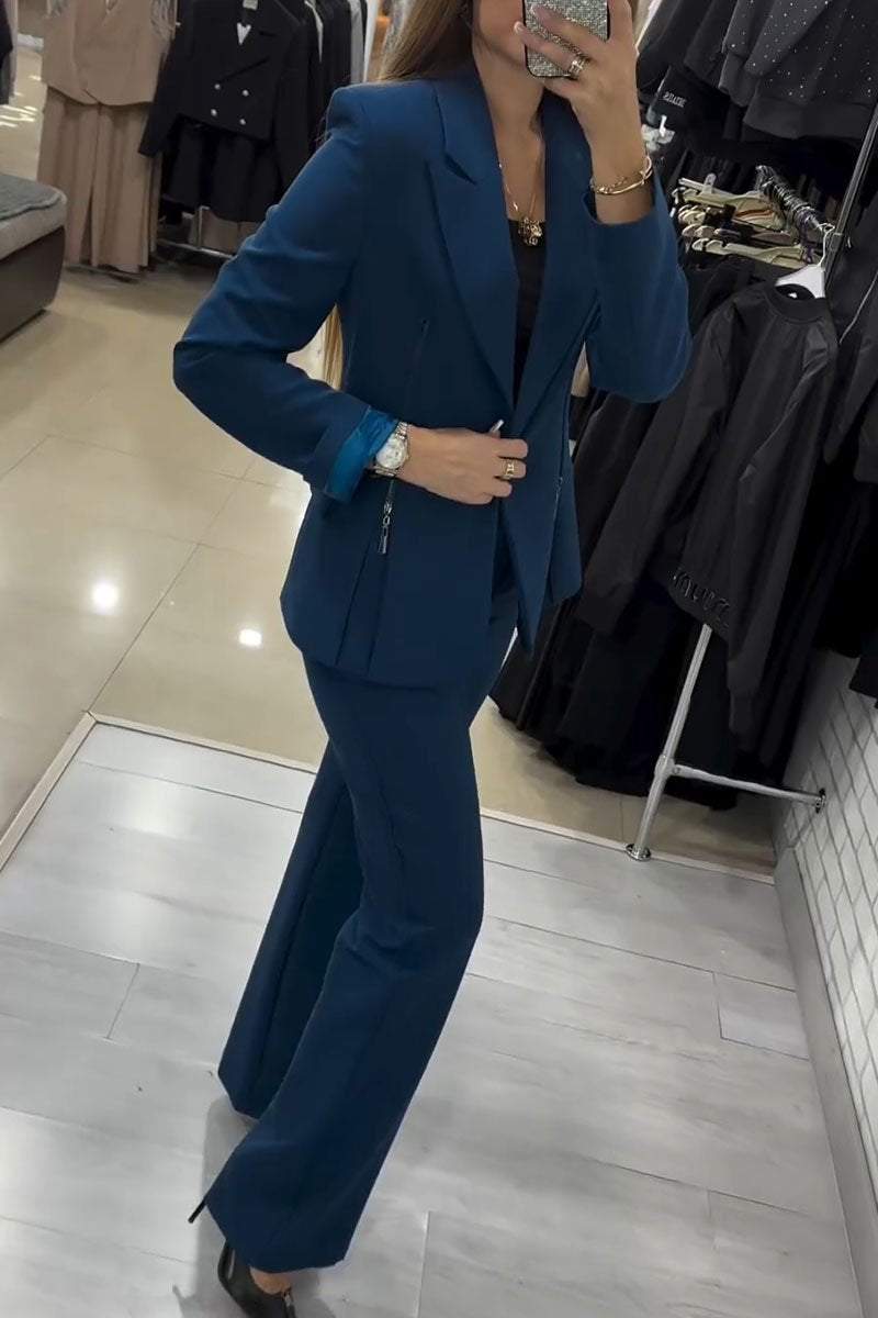 Women's Casual Solid Color Zipper Blazer Two-piece Set