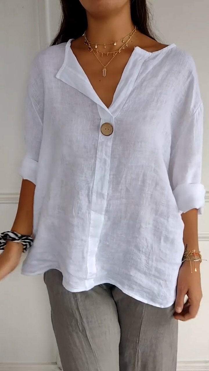 V-neck Button-down Mid-sleeve Cotton and Linen Top