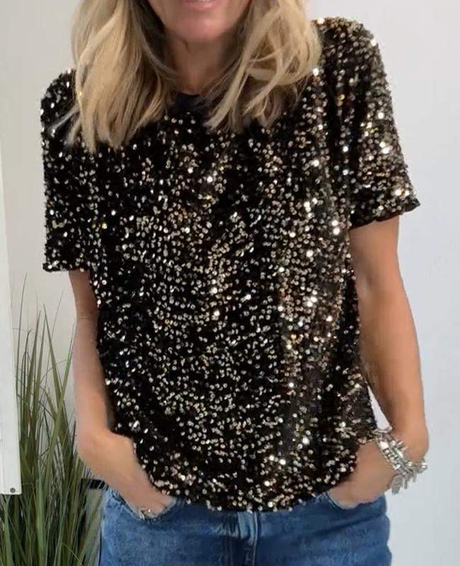 Women's Round Neck Sequined Casual T-shirt