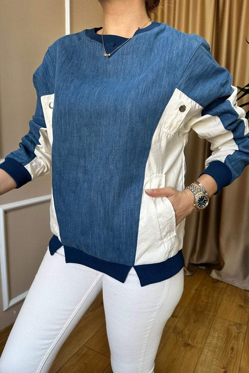 Women's Casual Contrast Patchwork Crew Neck Sweatshirt