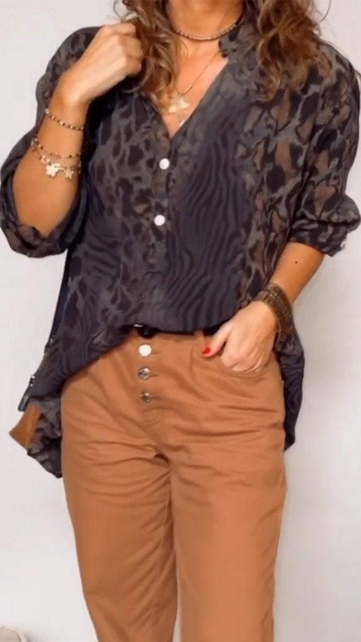 Women's V-neck Leopard Print Mid-sleeve Casual Top