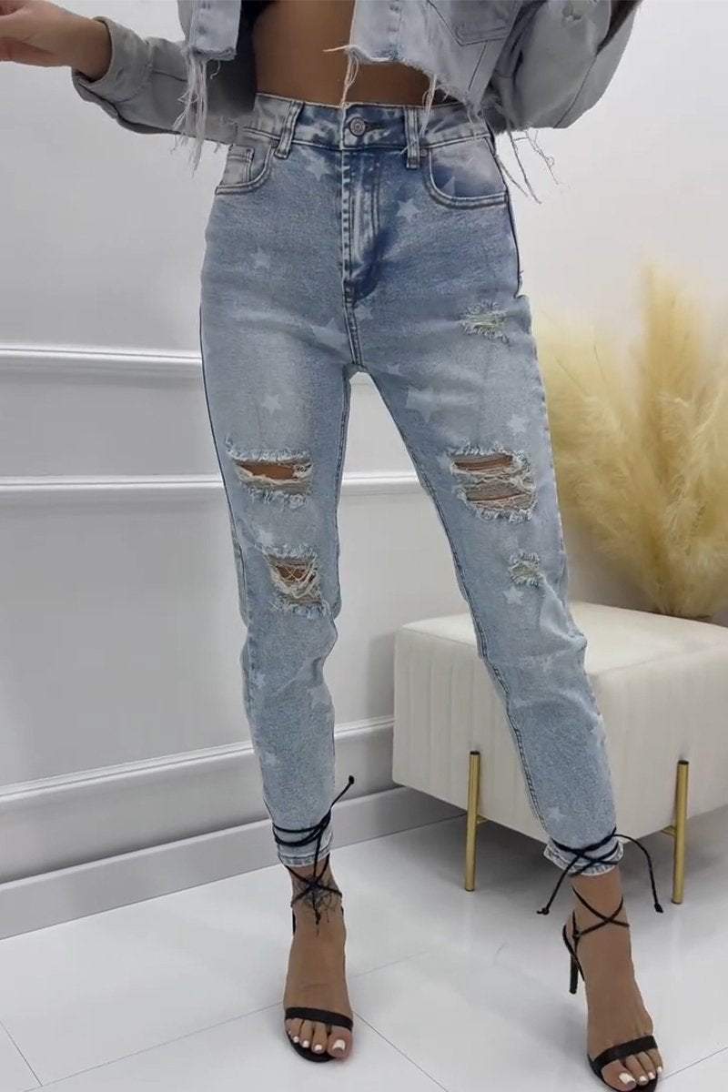 Women's Nine-point Ripped High Waist Jeans