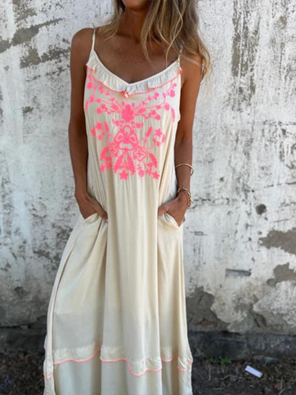 Embroidered floral lace slip dress with pocket